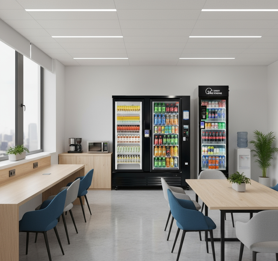 Modern office break room with AI-powered smart vending machines