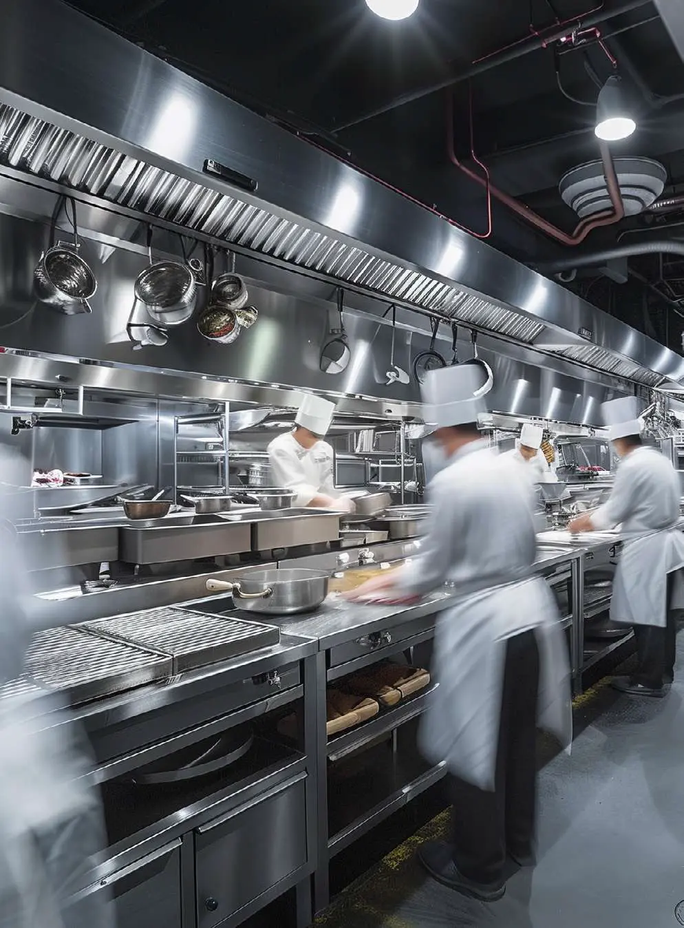 Professional commercial kitchen with chefs and stainless steel equipment